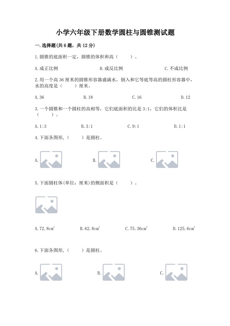 小学六年级下册数学圆柱与圆锥测试题必考