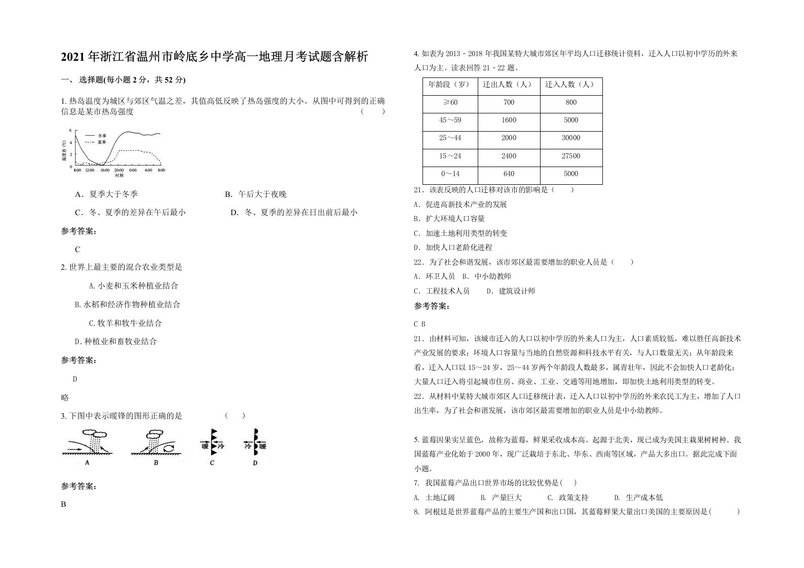 2021年浙江省温州市岭底乡中学高一地理月考试题含解析