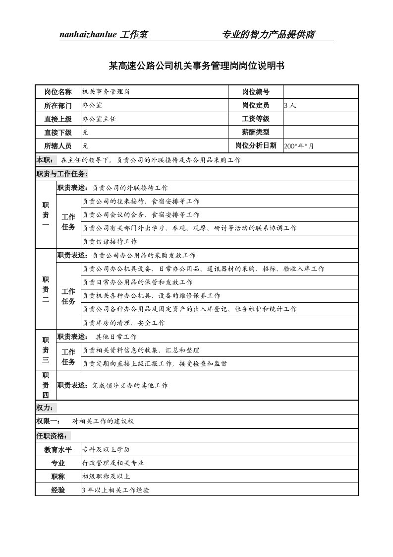 精选某高速公路公司机关事务管理岗岗位说明书