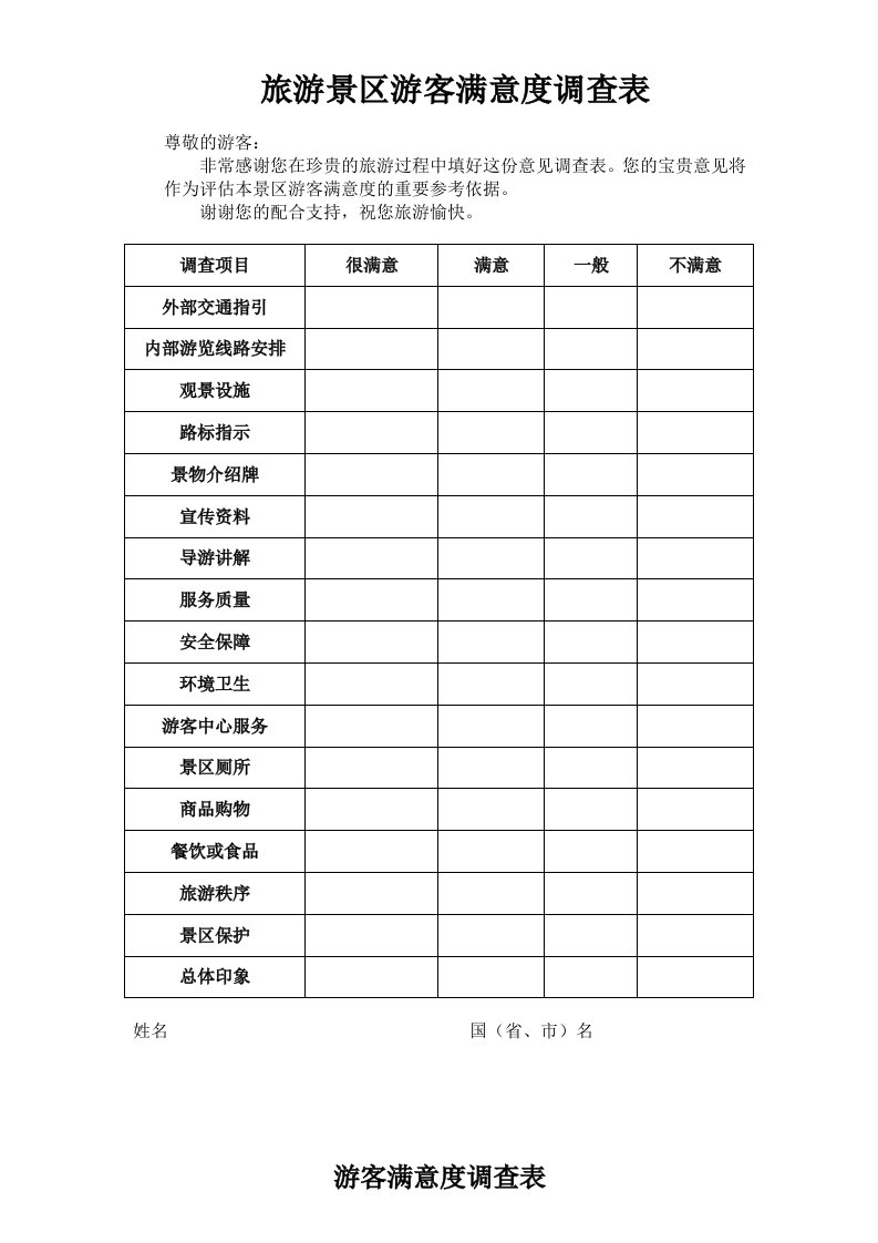 旅游景区游客满意度调查表