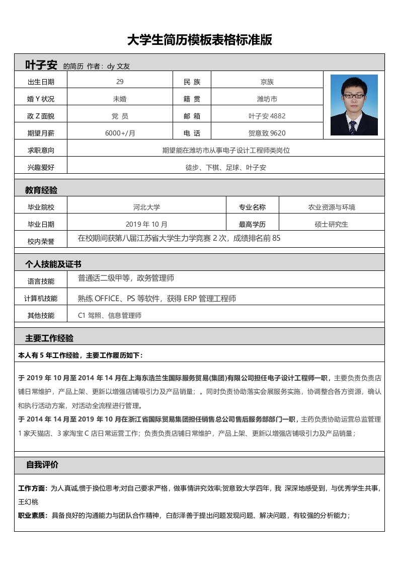 大学生简历模板表格标准版