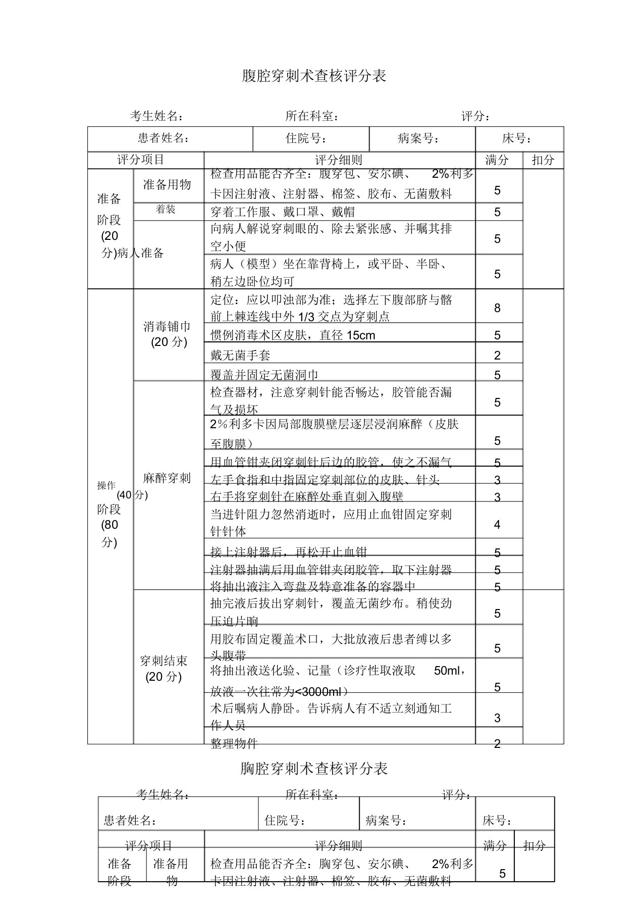 四大穿刺考核评分表格