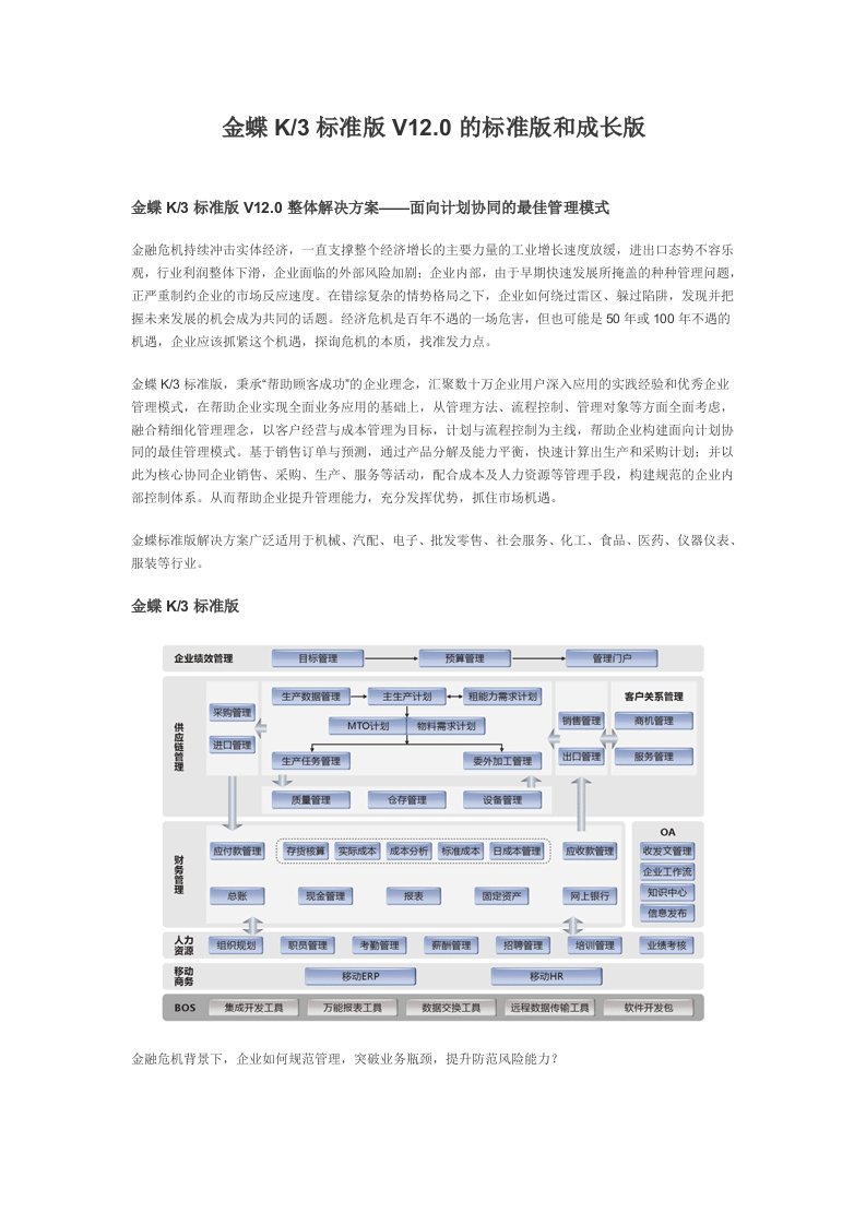 金蝶K3标准版V12.0的标准版和成长版