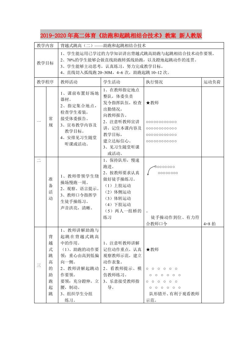 2019-2020年高二体育《助跑和起跳相结合技术》教案