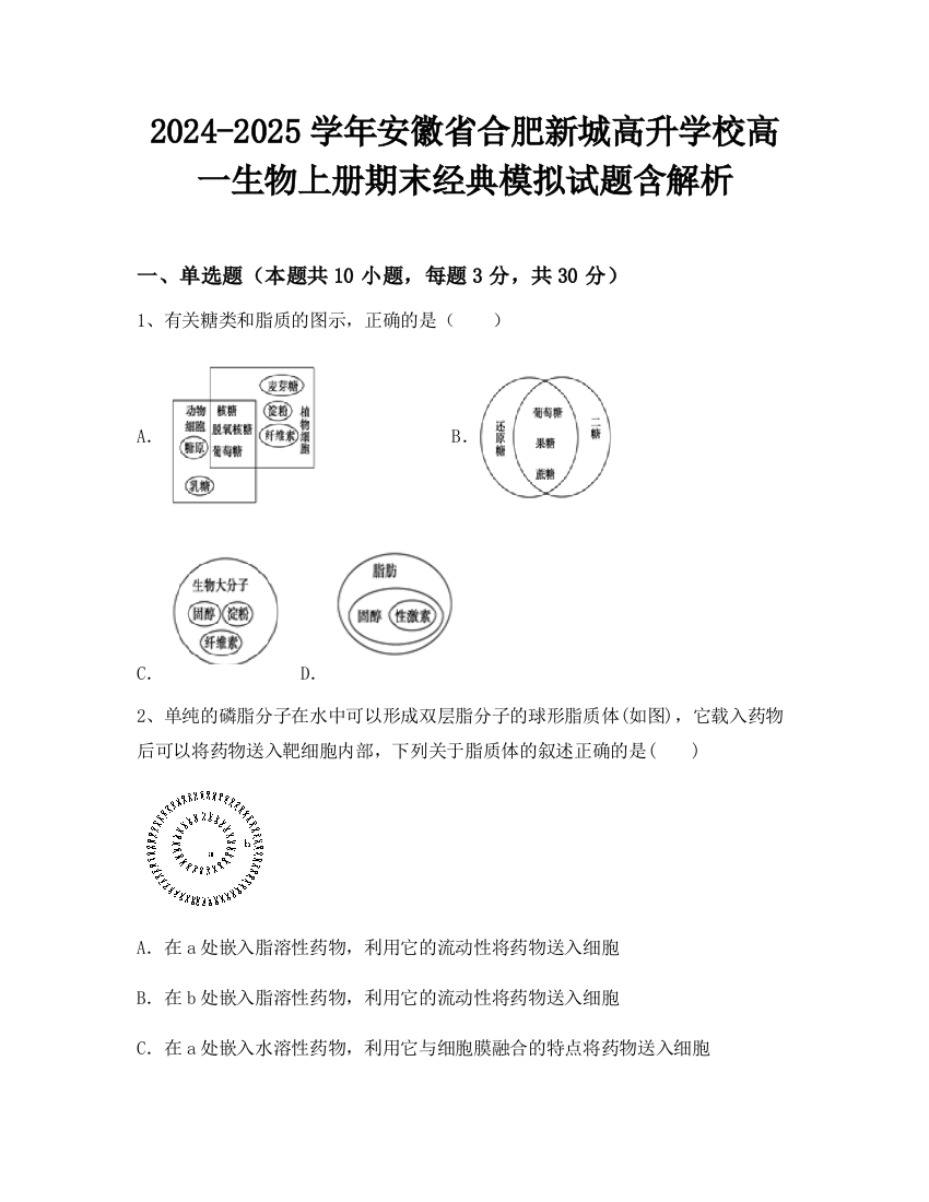 2024-2025学年安徽省合肥新城高升学校高一生物上册期末经典模拟试题含解析