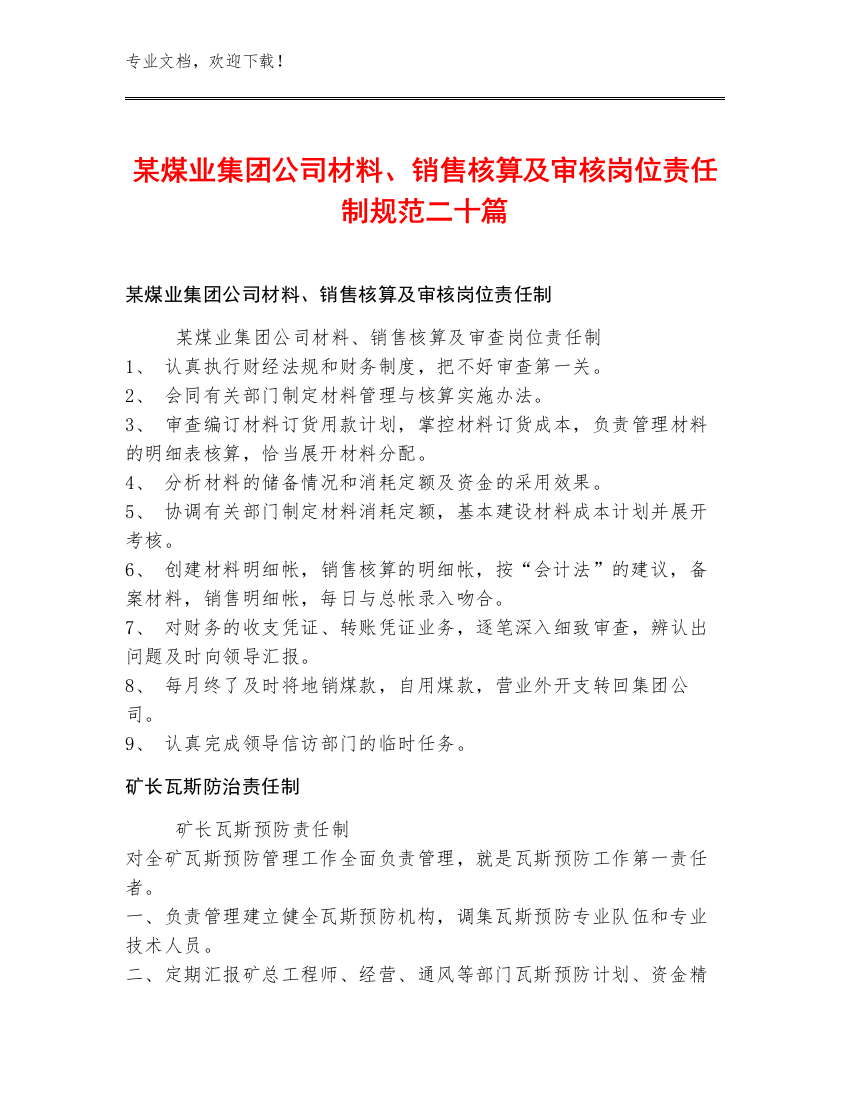 某煤业集团公司材料、销售核算及审核岗位责任制规范二十篇