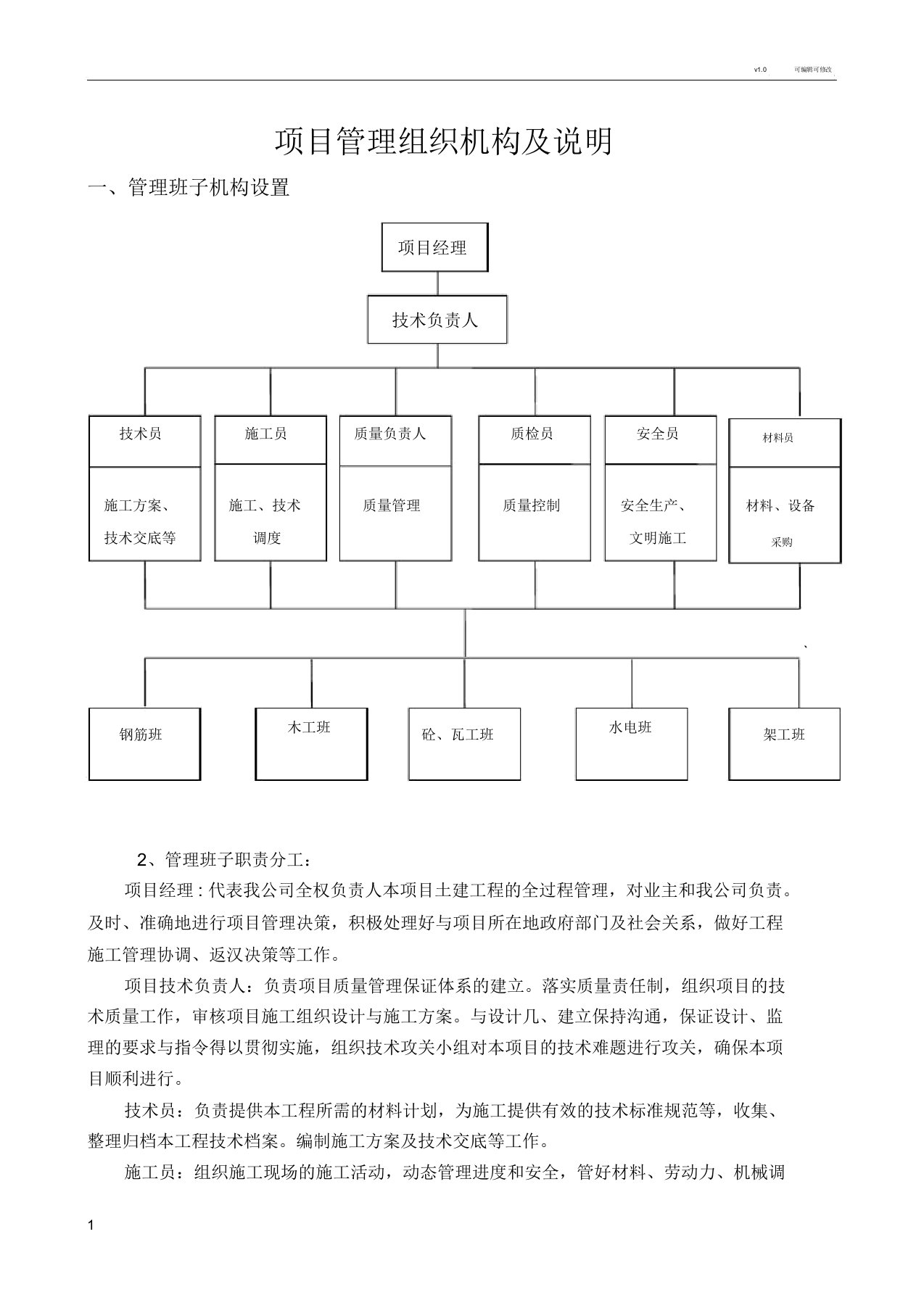 项目管理组织机构及说明