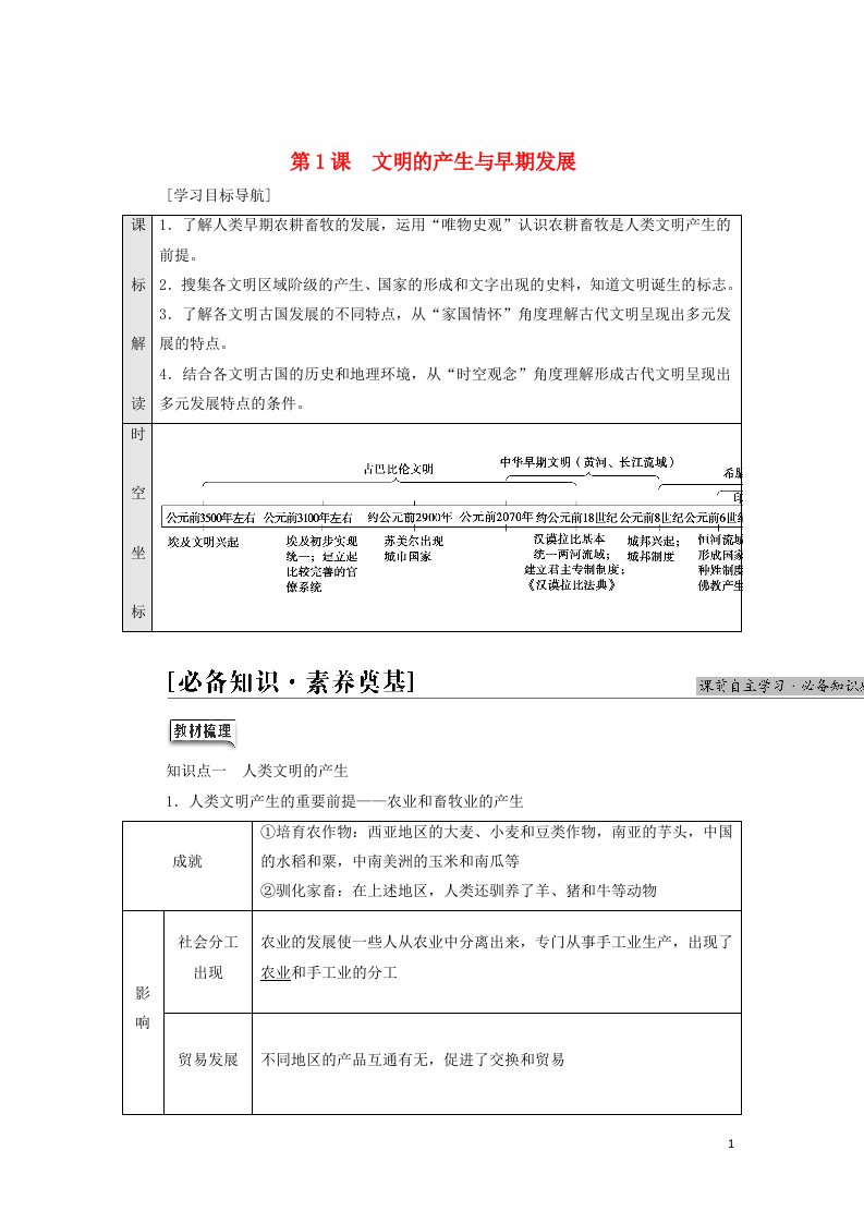 2021_2022年新教材高中历史第1单元古代文明的产生与发展第1课文明的产生与早期发展学案部编版中外历史纲要下