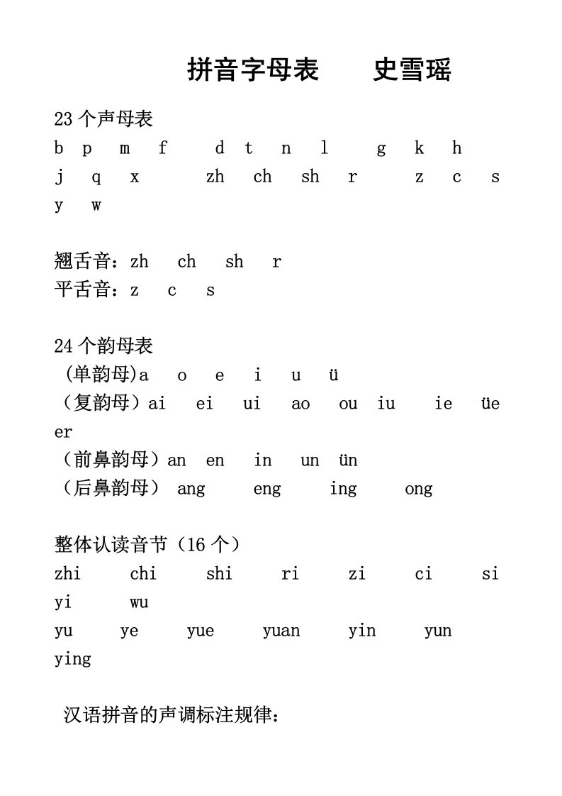 23个声母、24个韵母表、16个整体认读音节汇总