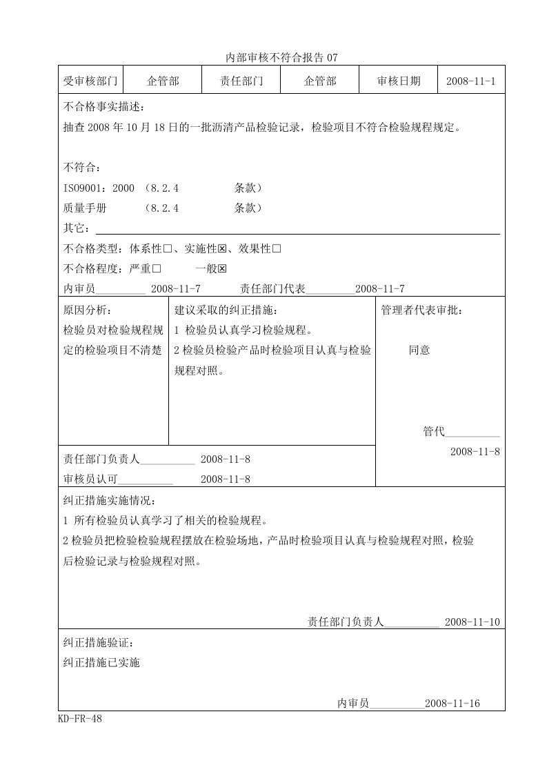 内审不符合项报告7-质量审查