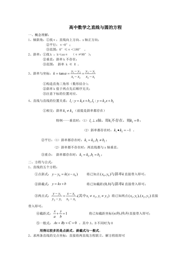 高中数学直线与圆的方程知识点总结