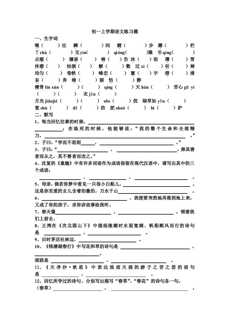 初一上学期语文复习题(期末)