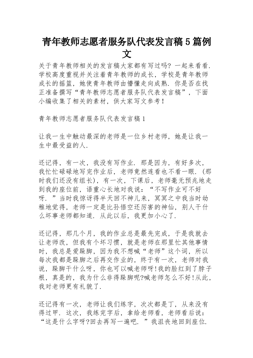 青年教师志愿者服务队代表发言稿5篇例文