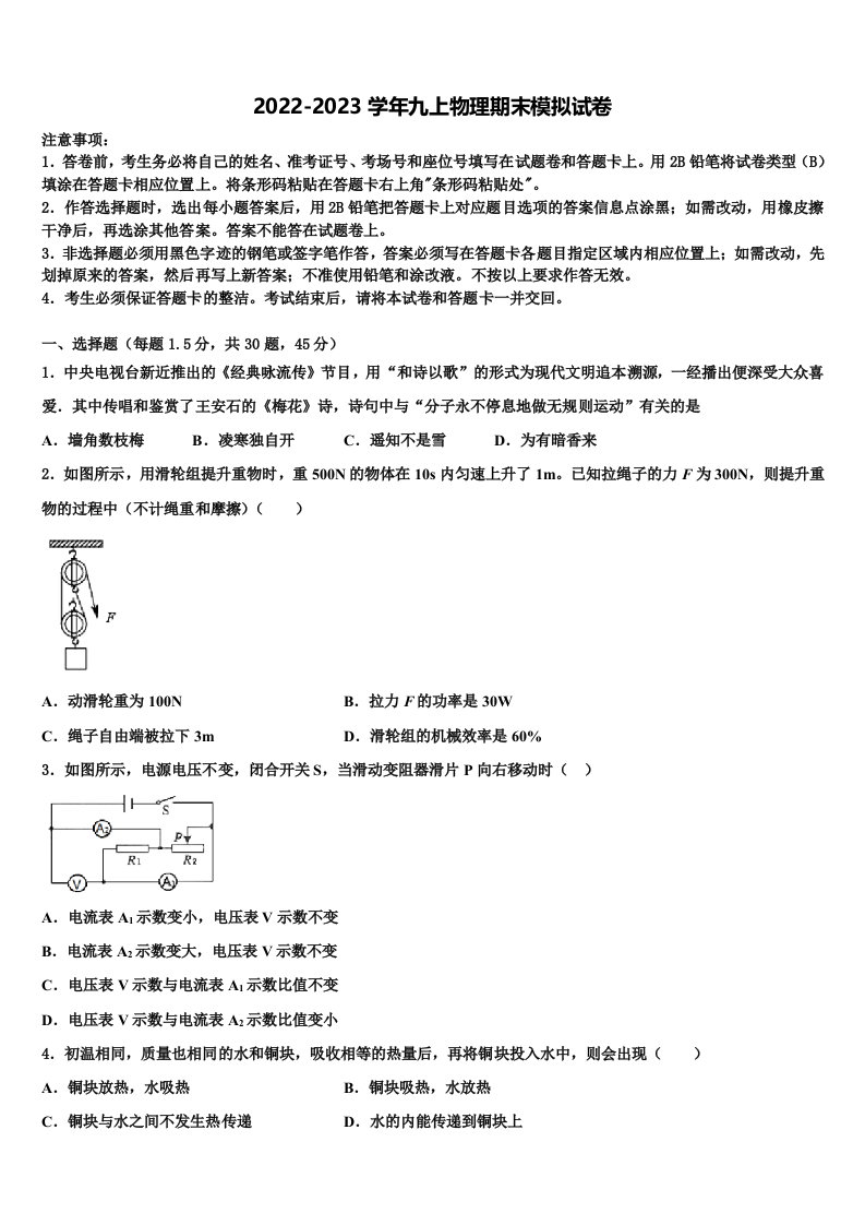 2023届四川省广元市朝天区五校联考物理九年级第一学期期末达标检测模拟试题含解析