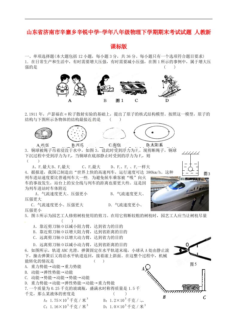 山东省济南市辛寨乡辛锐中学八级物理下学期期末考试试题