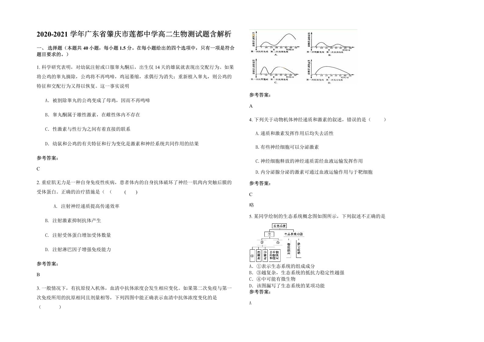 2020-2021学年广东省肇庆市莲都中学高二生物测试题含解析