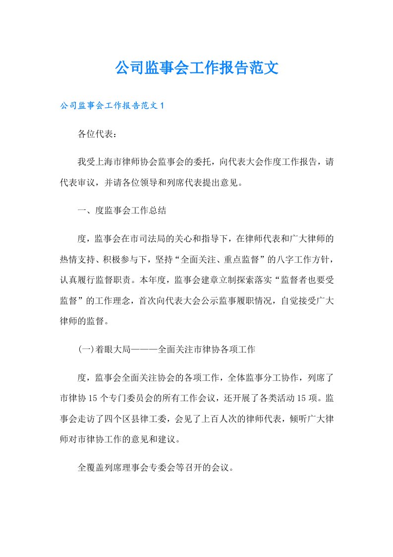 公司监事会工作报告范文