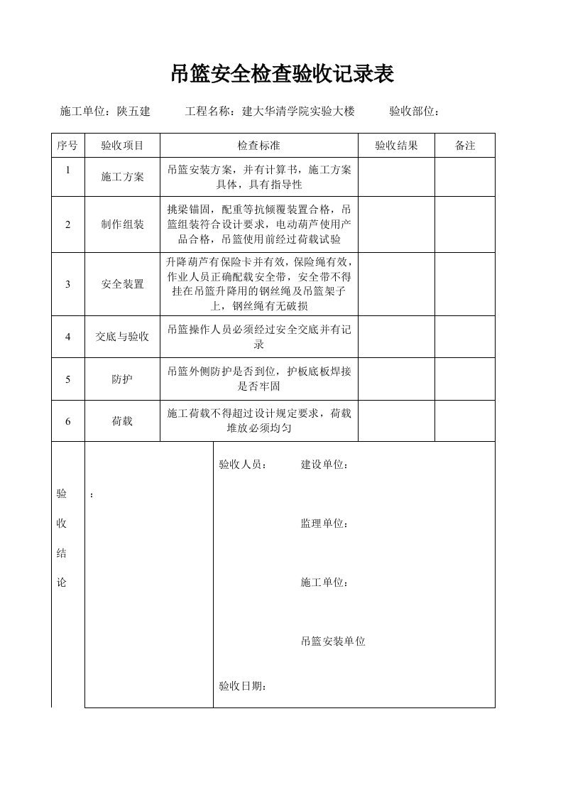 吊篮安全检查验收记录表