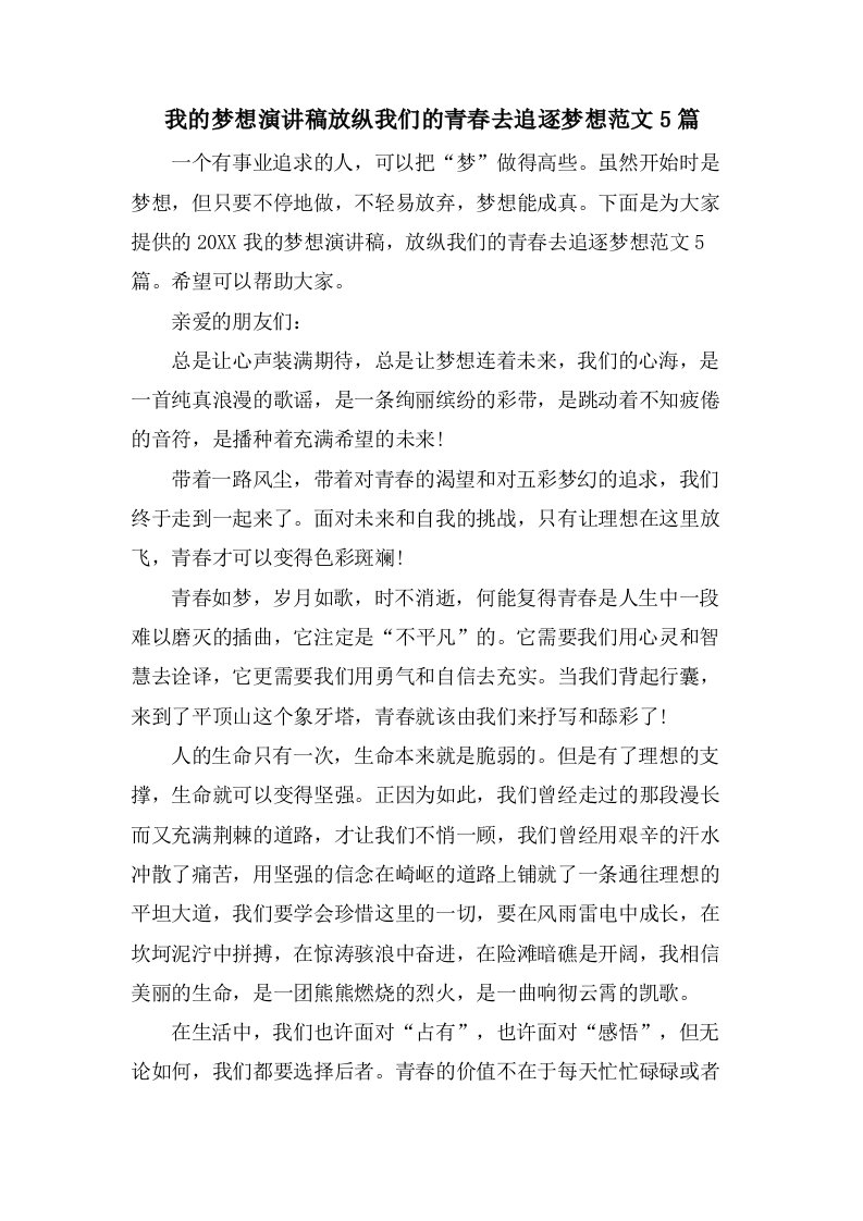 我的梦想演讲稿放纵我们的青春去追逐梦想范文5篇