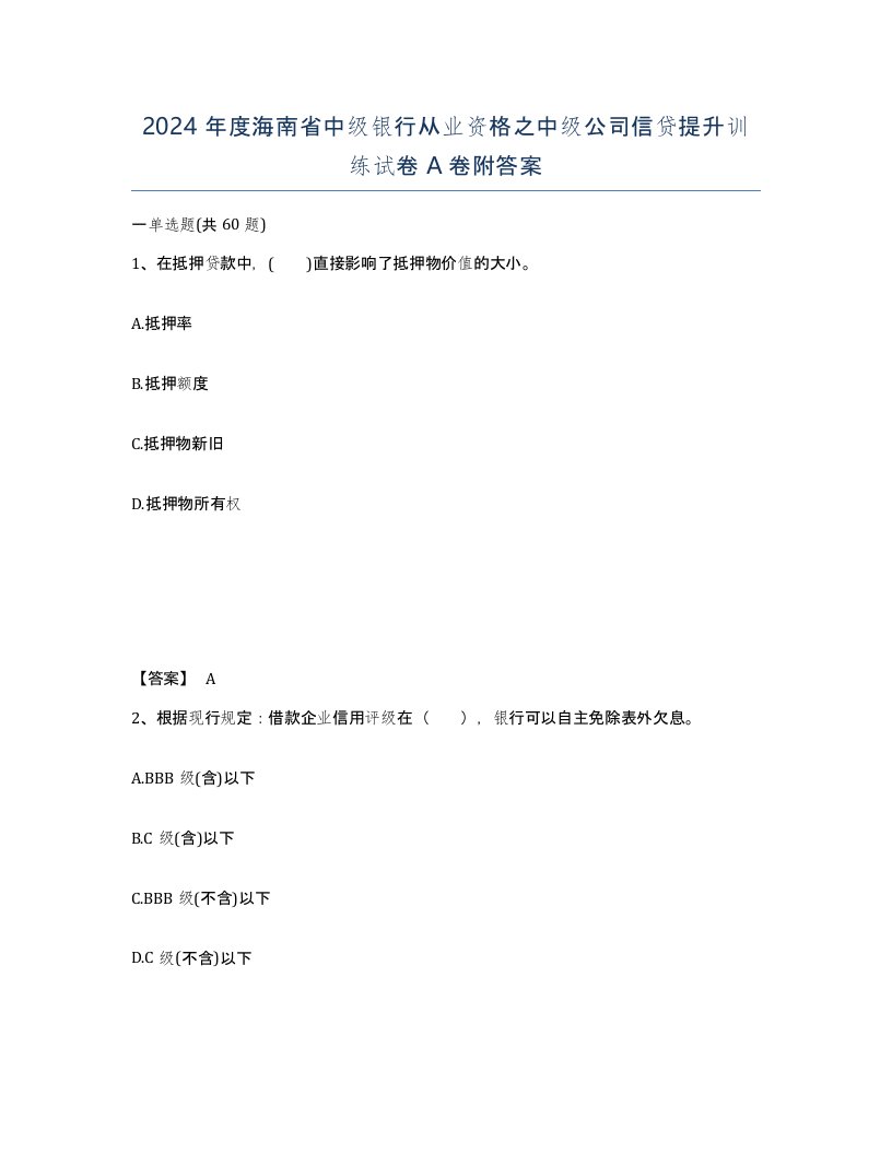 2024年度海南省中级银行从业资格之中级公司信贷提升训练试卷A卷附答案