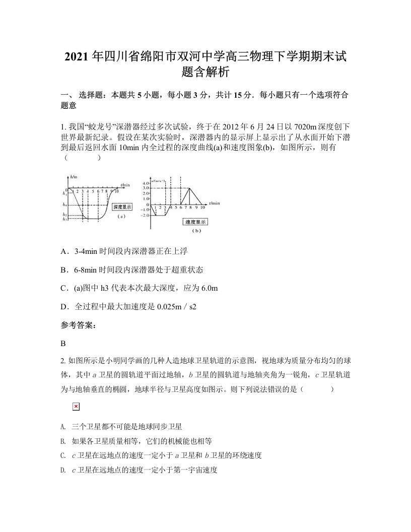 2021年四川省绵阳市双河中学高三物理下学期期末试题含解析