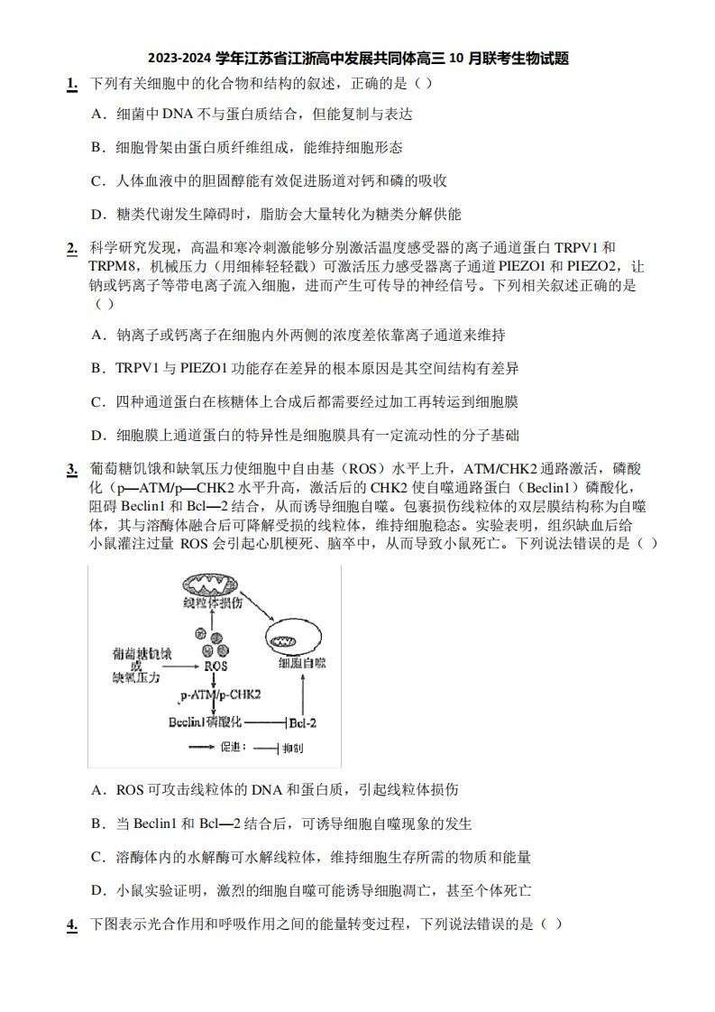 2023-2024学年江苏省江浙高中发展共同体高三10月联考生物试题488