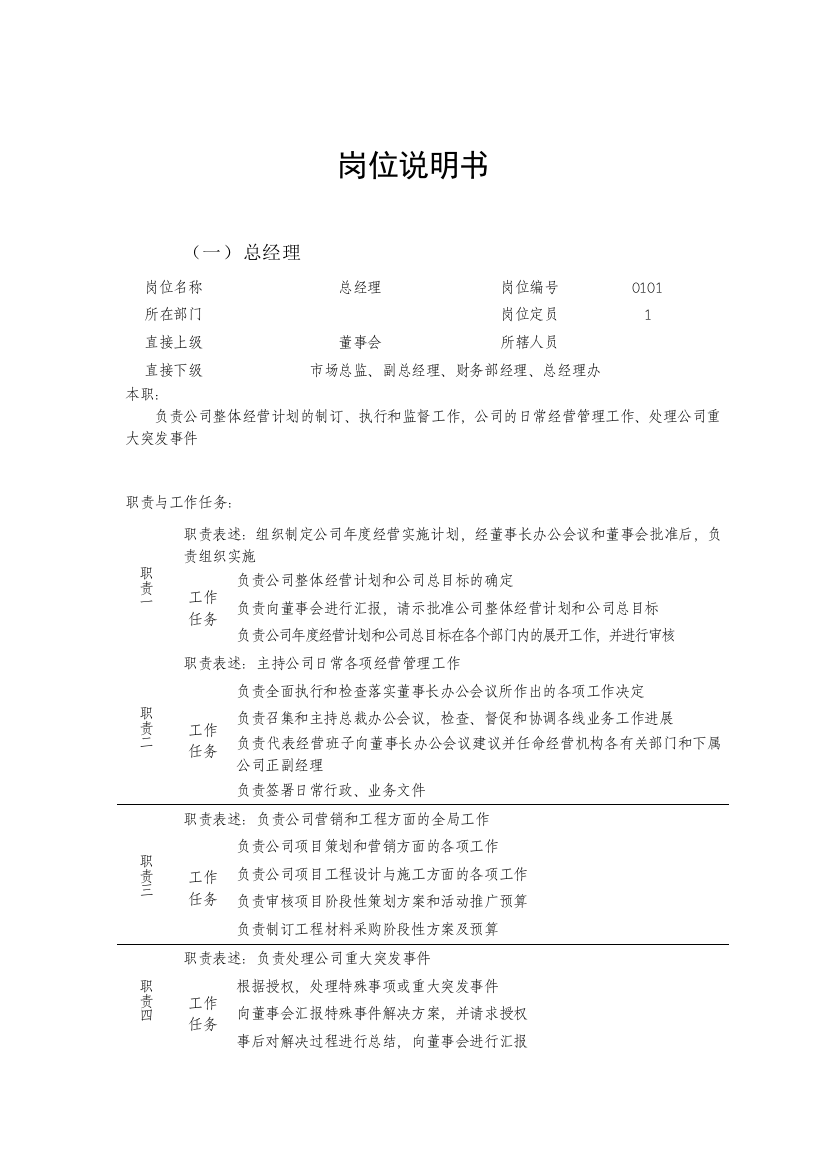 房地部公司部门岗位说明书