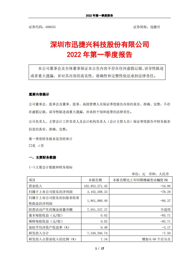 上交所-深圳市迅捷兴科技股份有限公司2022年第一季度报告-20220427