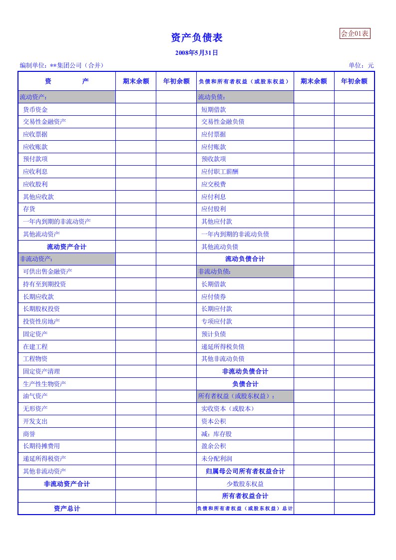 集团合并会计报表模板