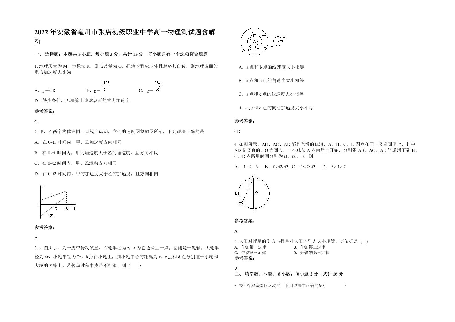 2022年安徽省亳州市张店初级职业中学高一物理测试题含解析