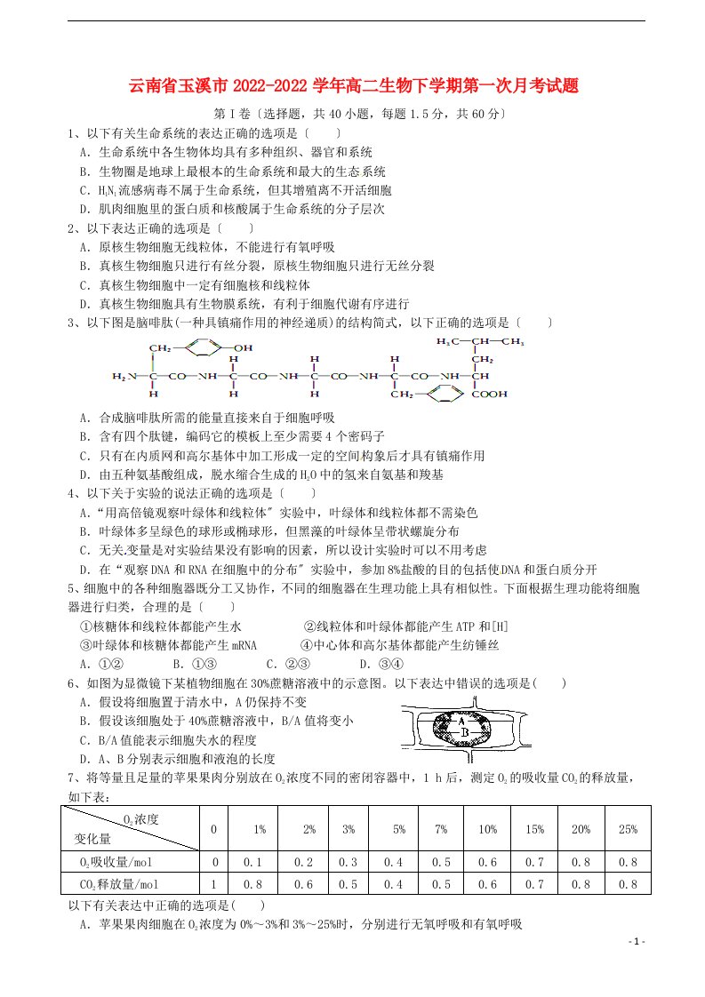 云南省玉溪市2022-2022学年高二生物下学期第一次月考试题