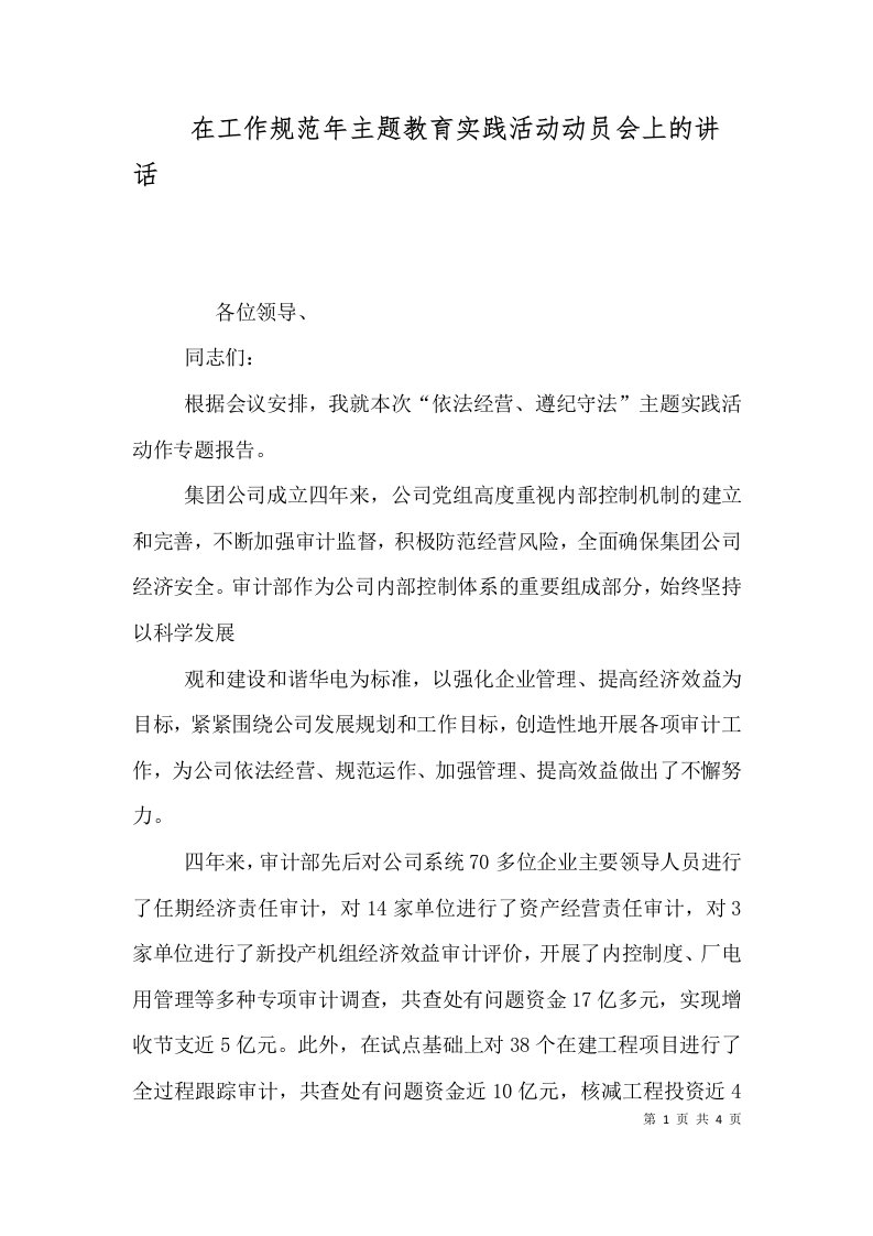 在工作规范年主题教育实践活动动员会上的讲话