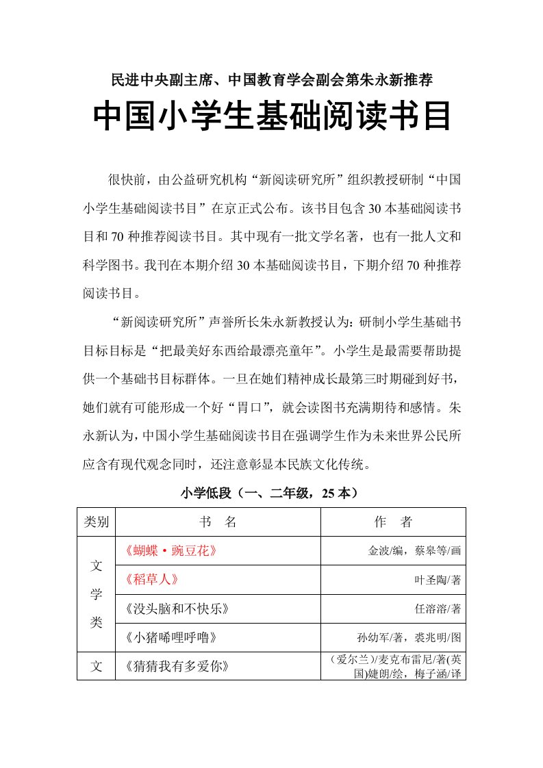 朱永新教授推荐小学生阅读书目样稿