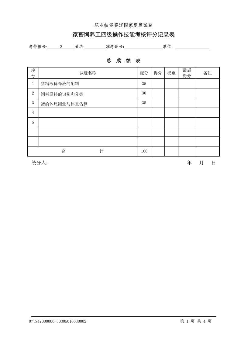 家畜饲养工技能试题2评分表