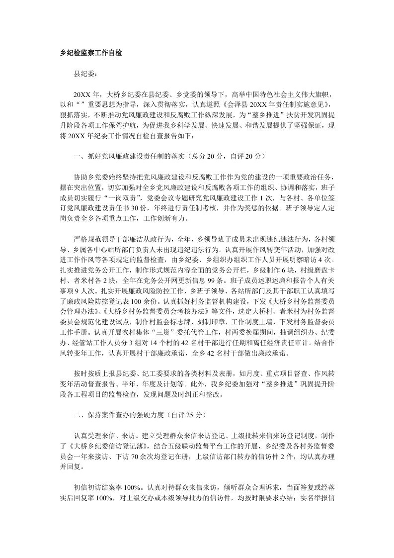 乡纪检监察工作自检自查报告