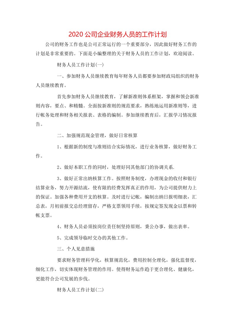 2020公司企业财务人员的工作计划