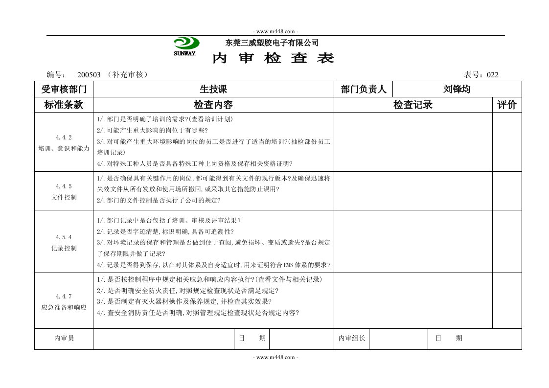 某塑胶电子公司022内审检查表(生技课)-五金塑胶