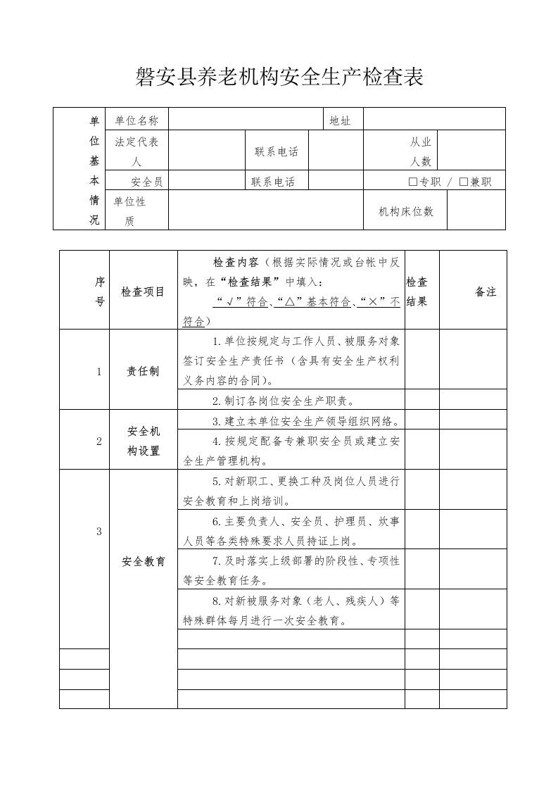 磐安市养老机构安全生产检查表