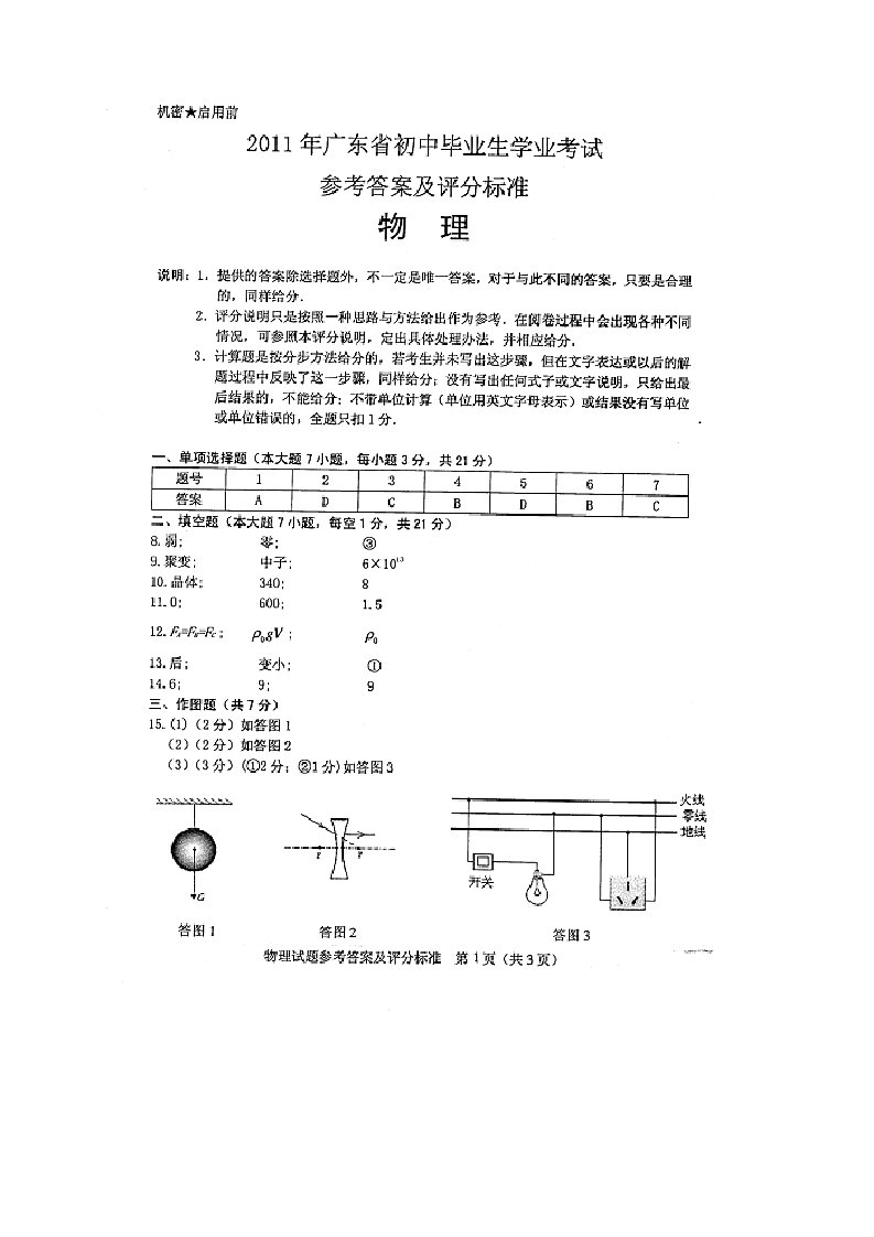 2011年广东省初中毕业生学业考试物理试卷答案