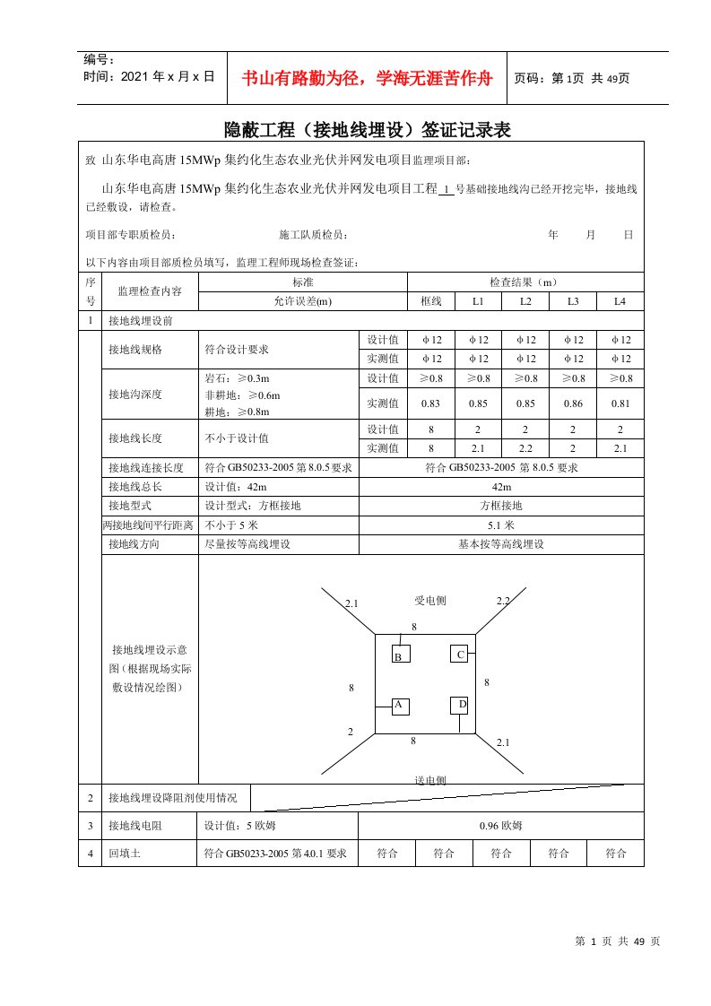 隐蔽工程签证记录表(接地线埋设)