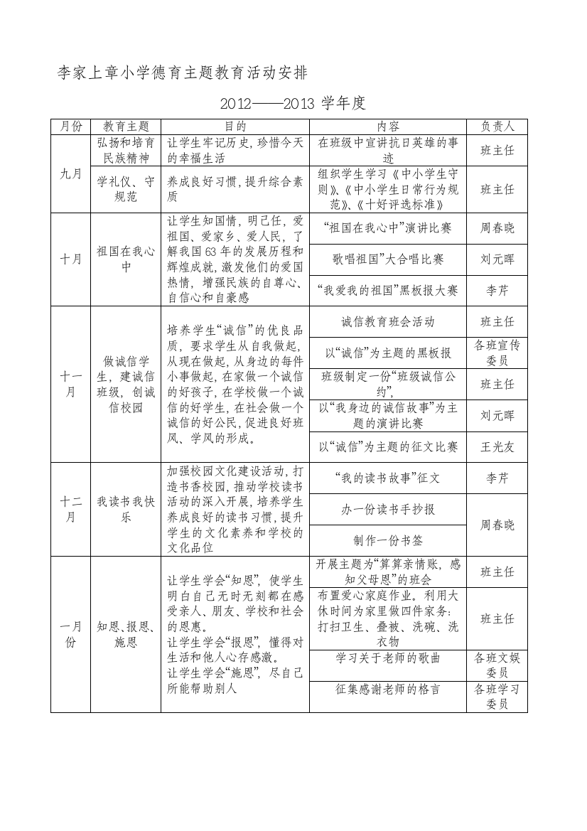 李家上章小学德育主题教导运动安排