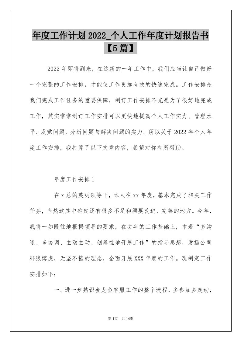 年度工作计划2022_个人工作年度计划报告书5篇