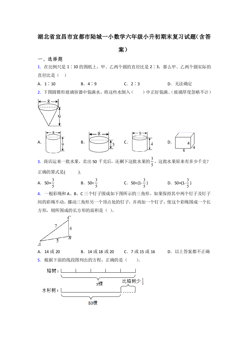 湖北省宜昌市宜都市陆城一小数学六年级小升初期末复习试题(含答案)