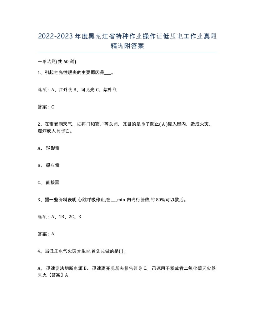 2022-2023年度黑龙江省特种作业操作证低压电工作业真题附答案