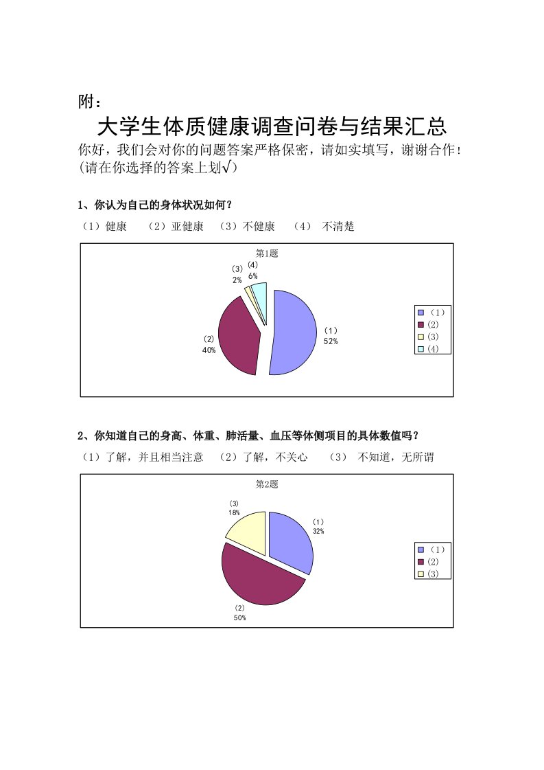 大学生体质健康调查问卷及结果汇总