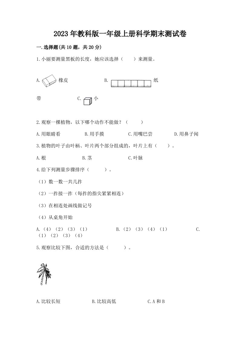 2023年教科版一年级上册科学期末测试卷（突破训练）