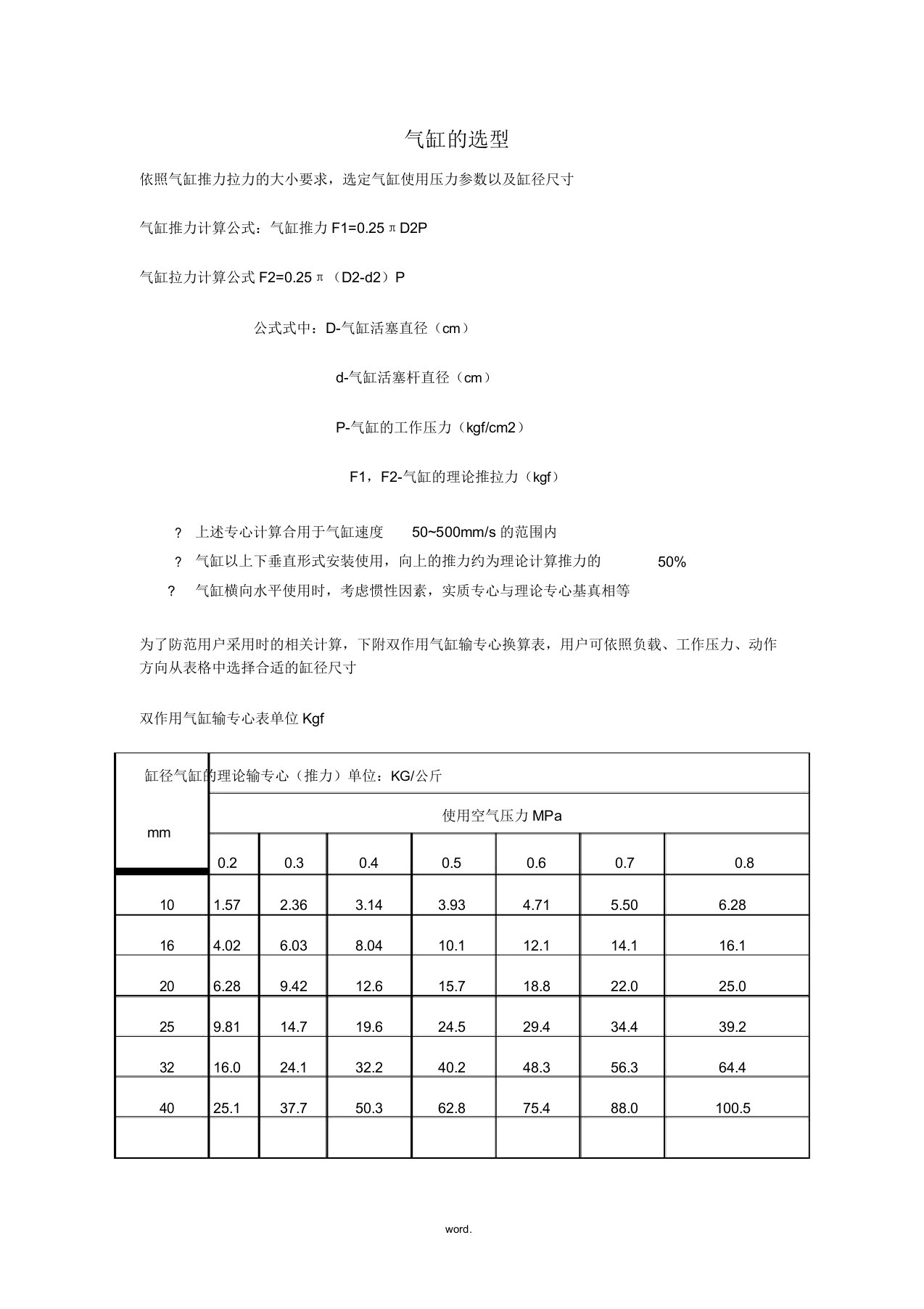 气缸选型对照表