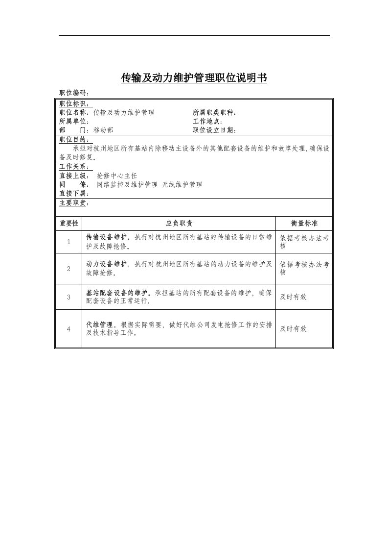 传输及动力维护岗位说明书