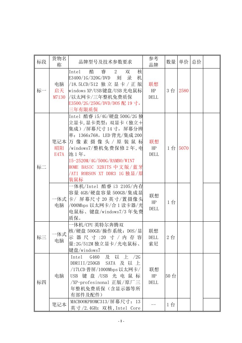 电脑采购询价表