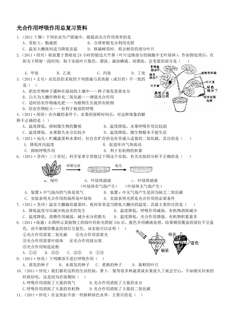 光合作用、呼吸作用、蒸腾作用专项训练